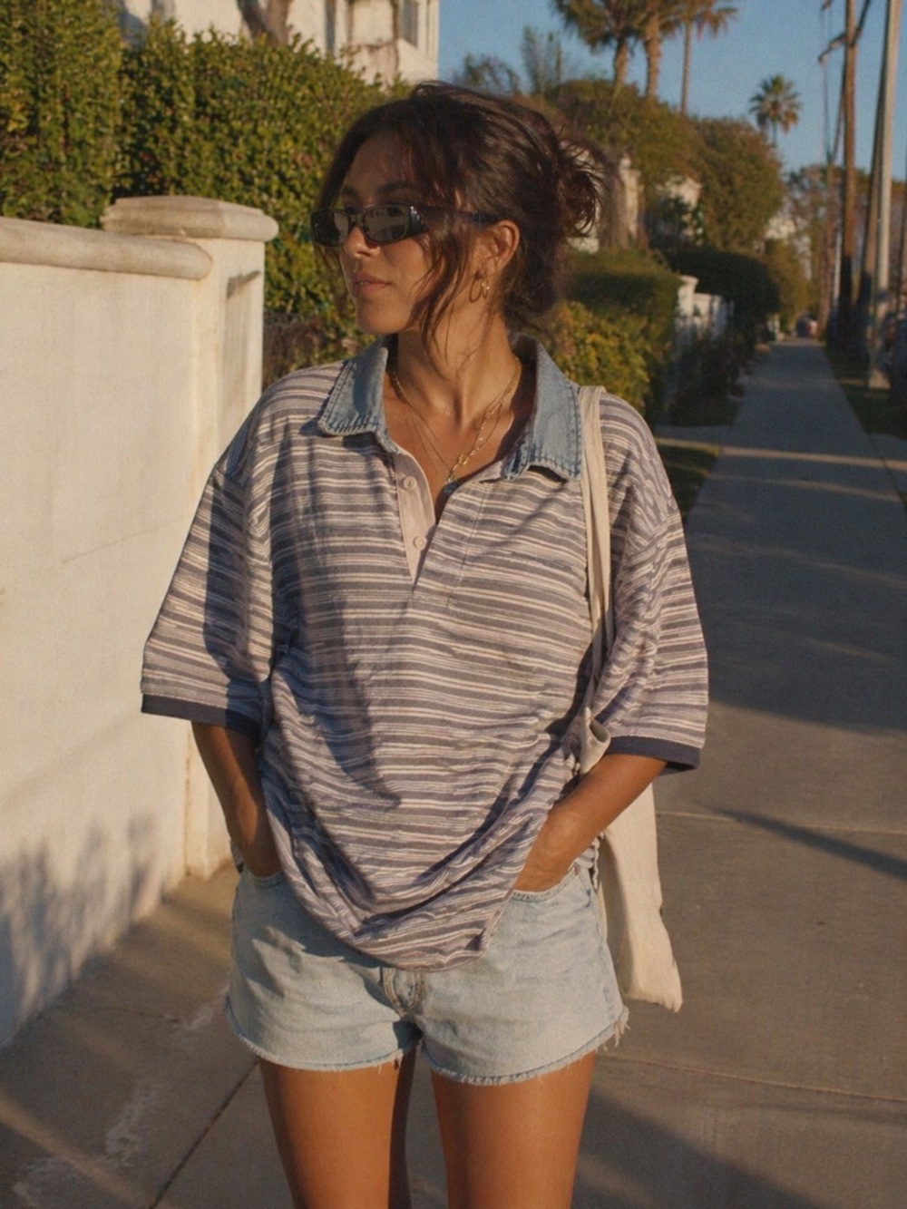Vintage 90s Eddie Bauer Striped Polo W/ Denim Collar Cotton Oversized XXL